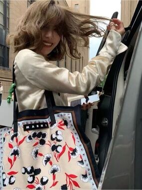 Marni Beige Canvas Tote with Black and Red Floral Print